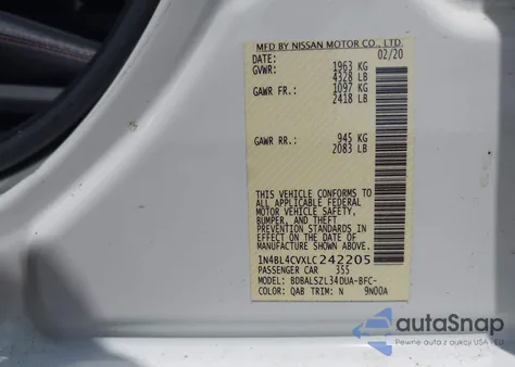 2020 Nissan Altima Sr Fwd z USA, uszkodzony, nr VIN 1N4BL4CVXLC242205